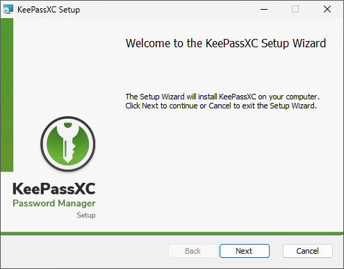 Pantalla de bienvenida del asistente de configuración de KeePassXC