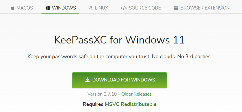 Página de descarga de KeePassXC para Windows 11