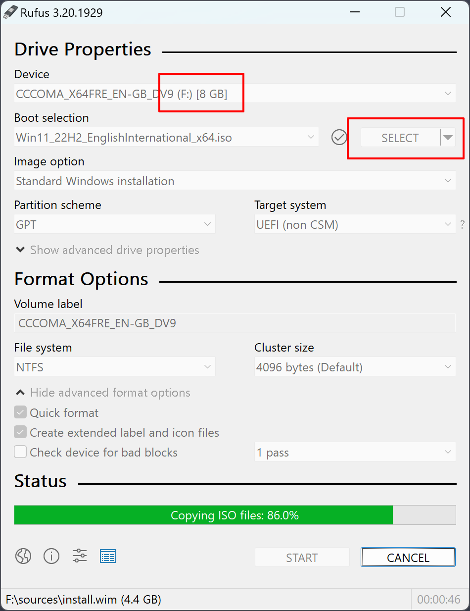 Pantalla de configuración principal de Rufus