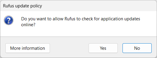Ventana emergente de verificación de actualización de Rufus